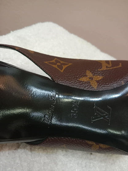 Louis Vuitton Archlight Slingback Pumps Toe Cap Patent Black Monogram Canvas Size 35.5