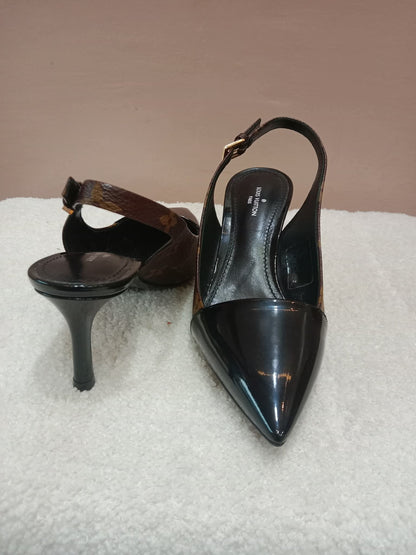 Louis Vuitton Archlight Slingback Pumps Toe Cap Patent Black Monogram Canvas Size 35.5
