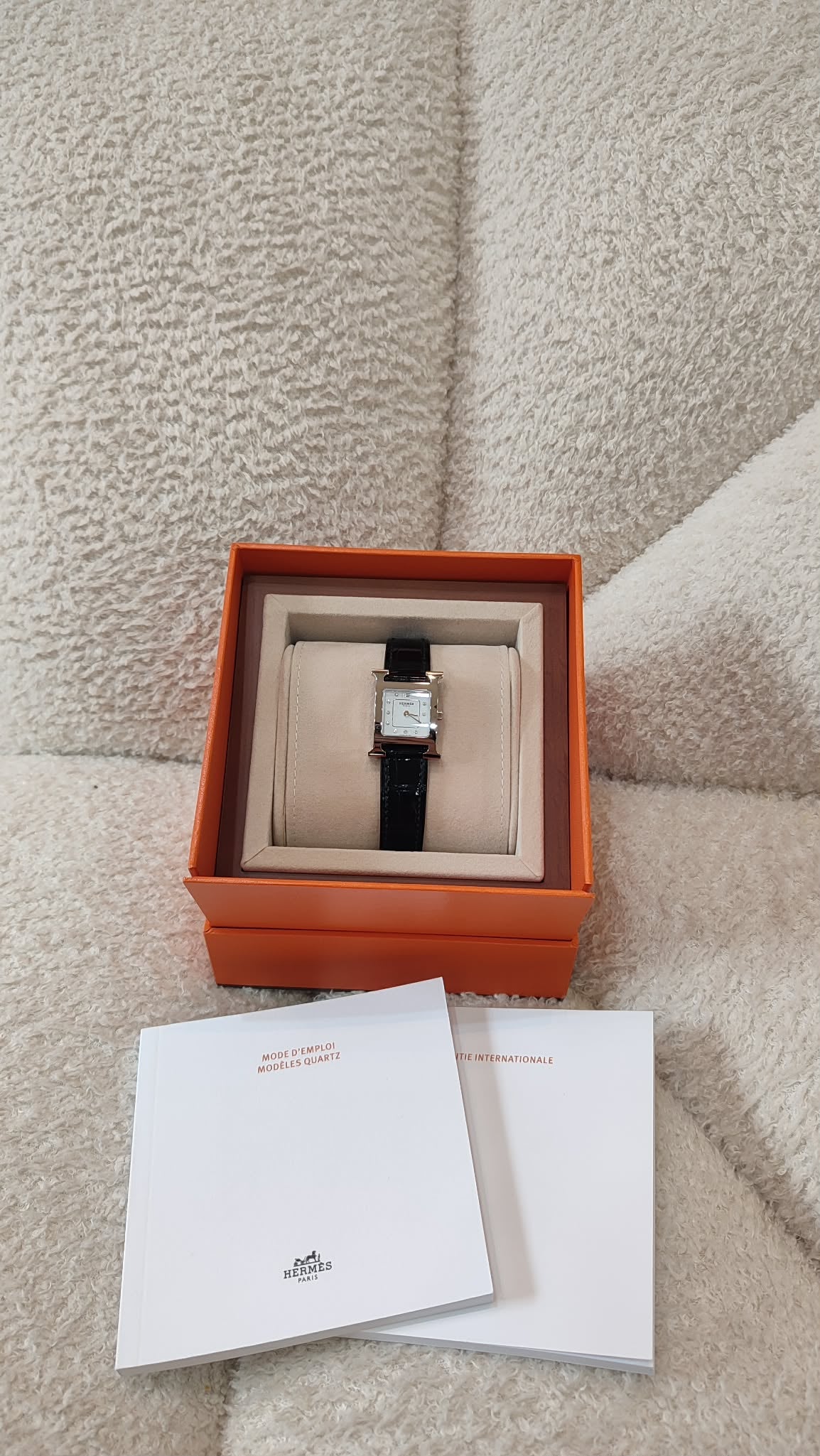Hermes H Watch Noir Croc Leather Strap