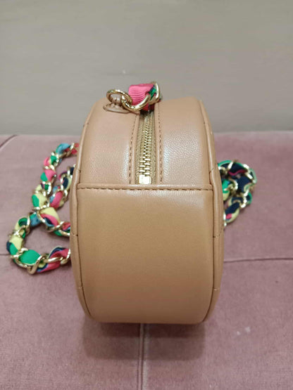 Chanel 21P Round Clutch Lambskin with Multicolor Ribbon-Woven Chain Strap Caramel Series 30