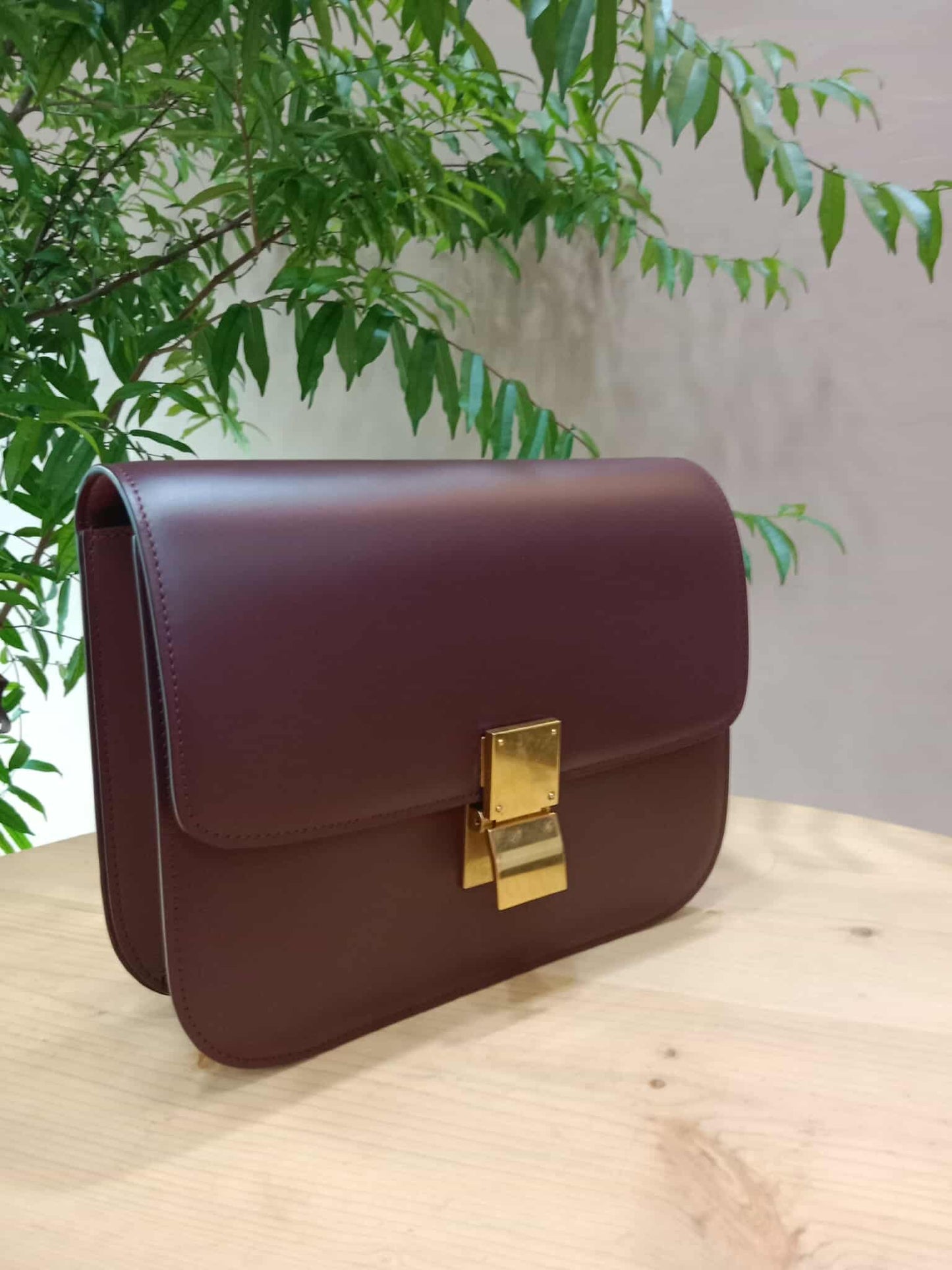 Celine Medium Classic Box Bag In Burgundy Calfskin Leather