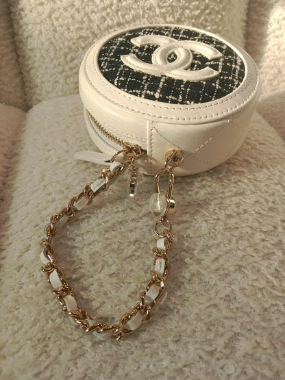 Chanel Tweed Quilted Round Filigree Pouch with Chain Black/White Microchipped