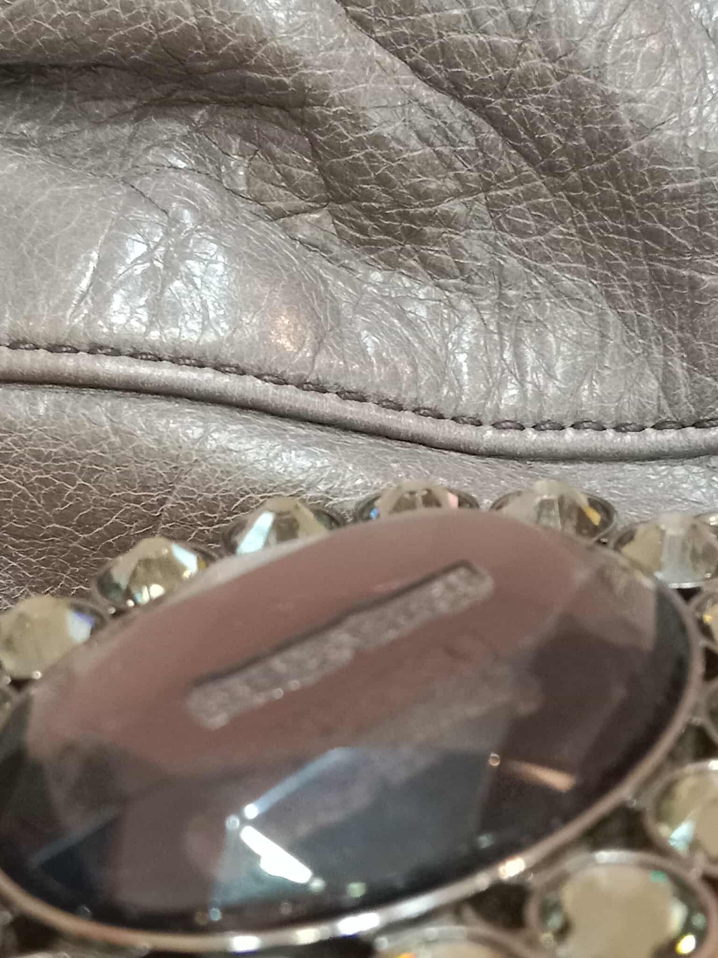 Miu Miu Leather Tote Bag Grey with Crystal Embellished Strap