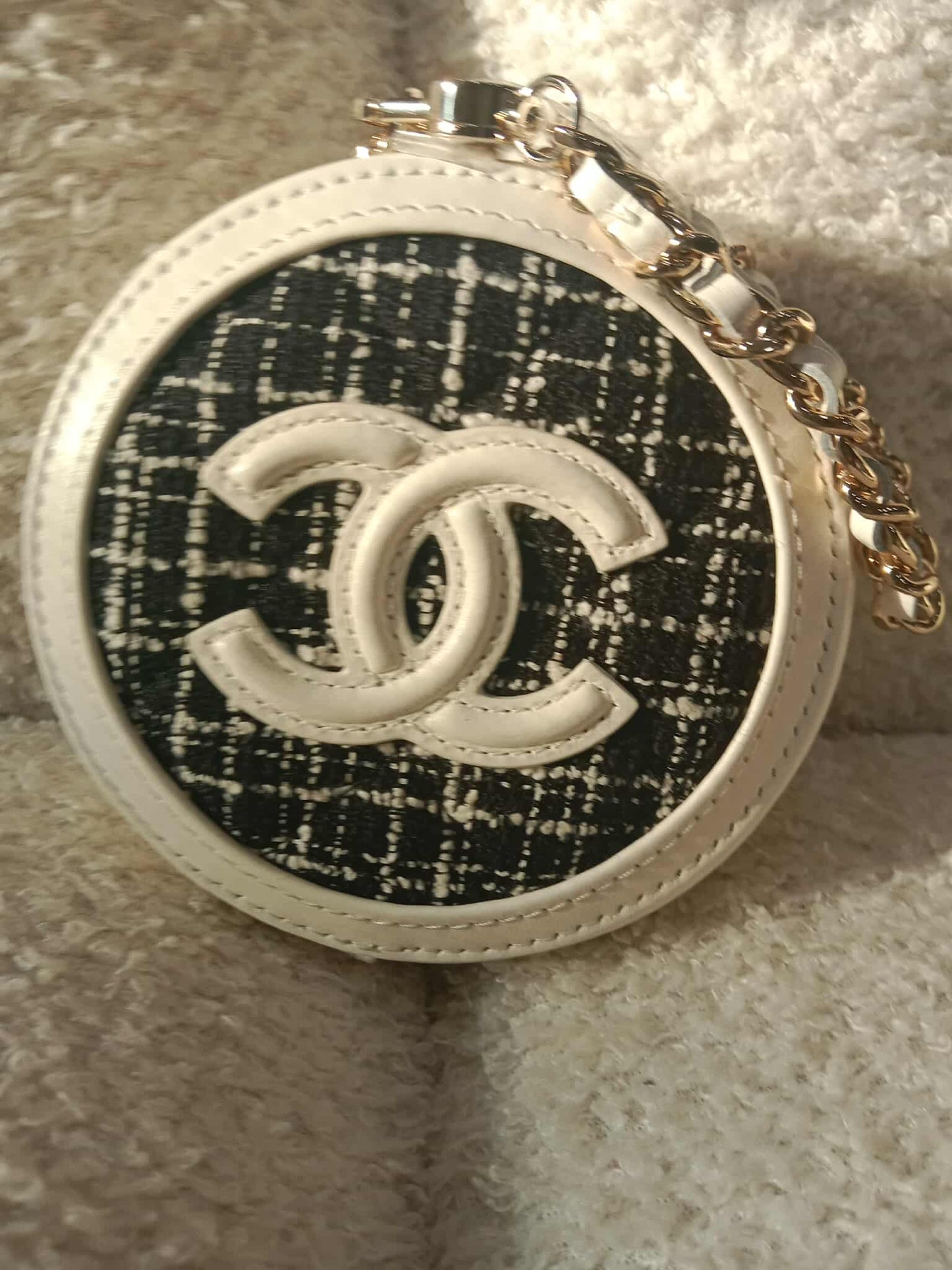 Chanel Tweed Quilted Round Filigree Pouch with Chain Black/White Microchipped