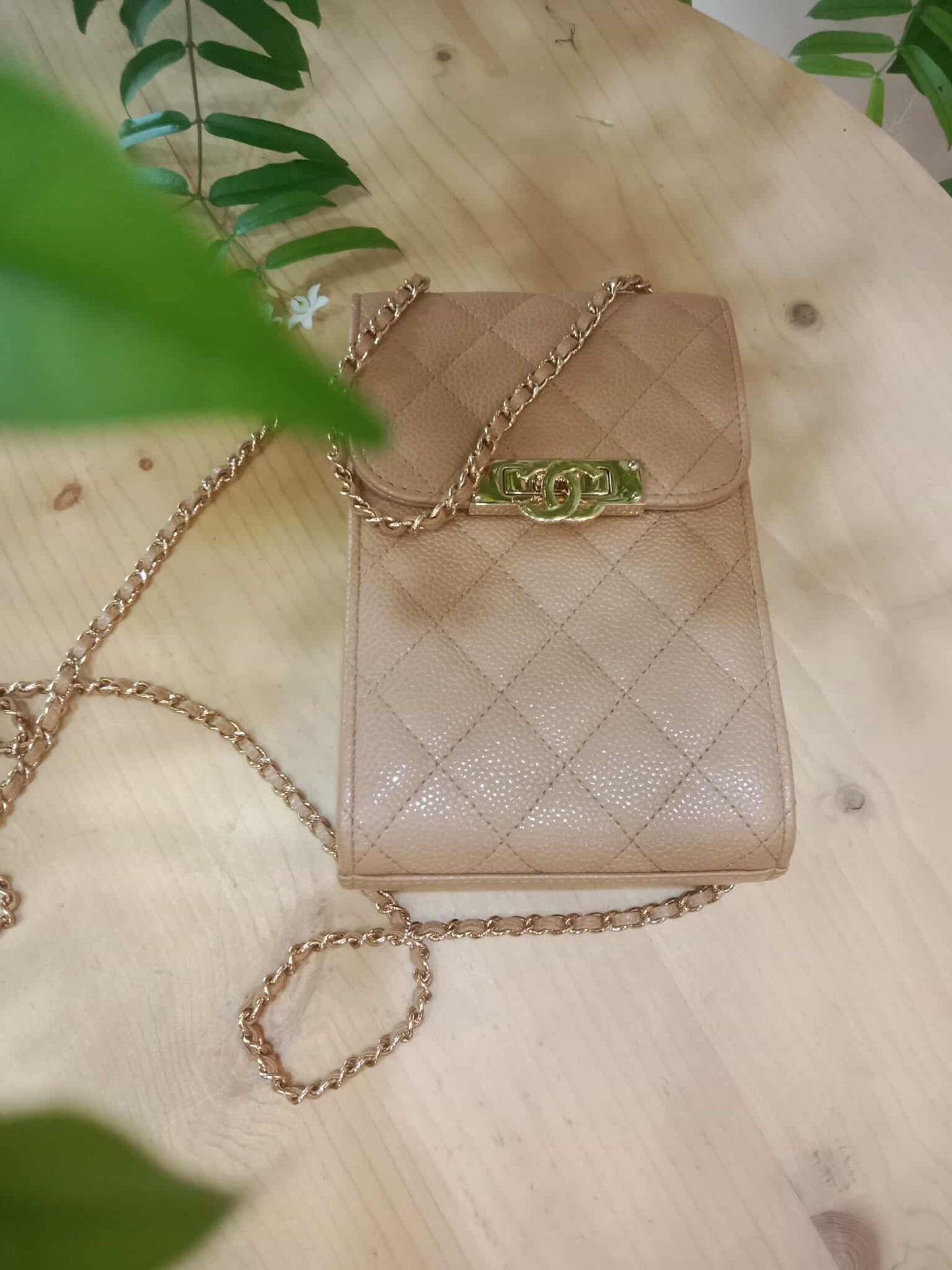 Chanel Golden Class Phone Holder Caviar Crossbody Bag Beige Series 25