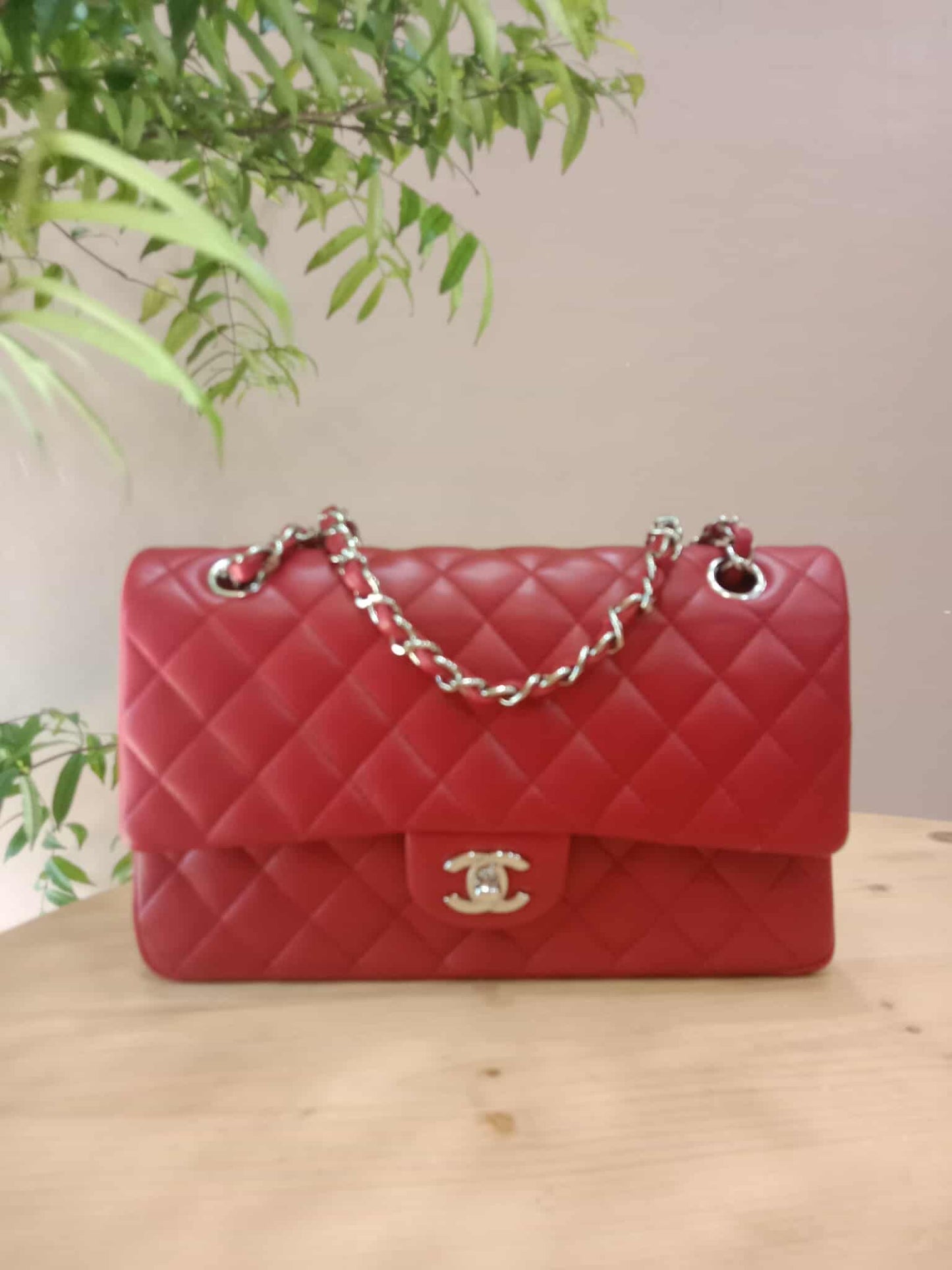Chanel Timeless Red Quilted Lambskin Classic Double Flap Medium Series 17