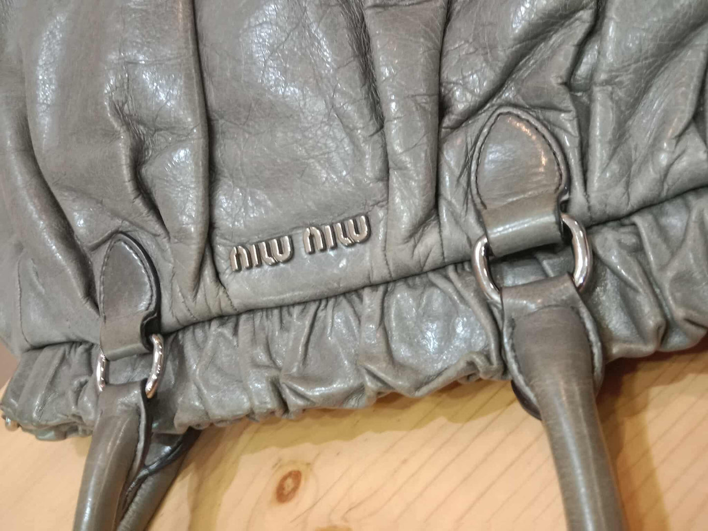 Miu Miu Leather Tote Bag Grey with Crystal Embellished Strap