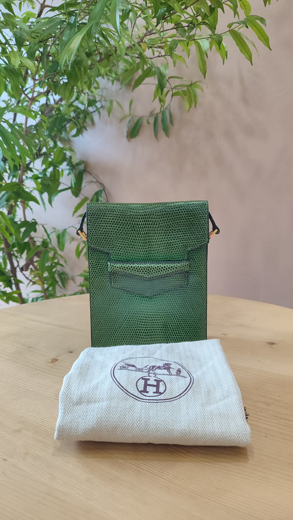 Hermes Lizard Green Vintage Bag Stamp O Circle 1985