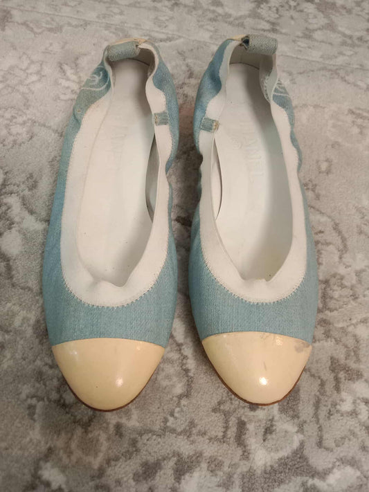 Chanel Coco Mark Ballerina Denim Pumps Size 37C