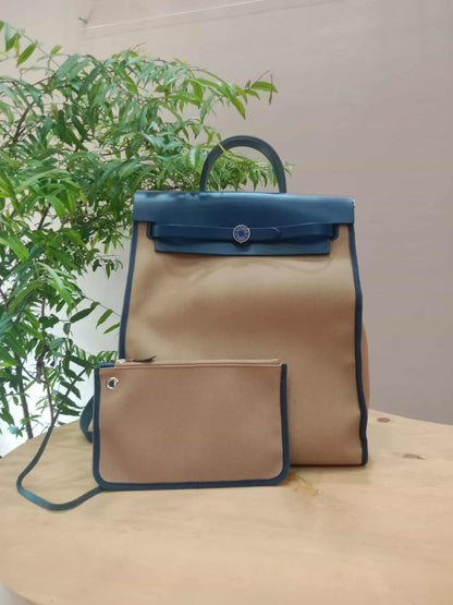 Hermes Herbag Ado Zip Backpack Canvas Bicolor Tan/Blue Stamp U 2022
