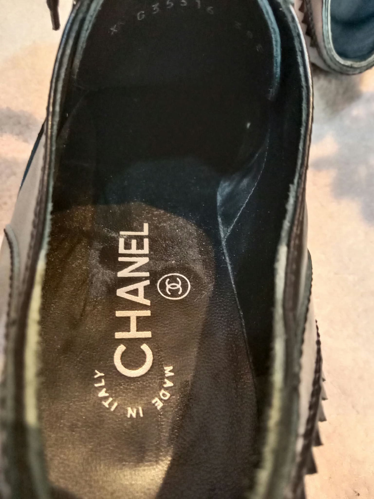 Chanel Black Patent Calfskin CC Brogue Lace-Up Oxford Size 38