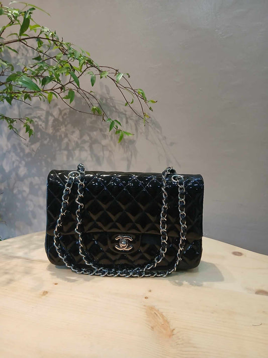 Chanel Classic Quilted Patent Double Flap Bag Black Medium Series 20