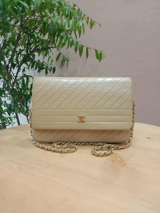 Chanel Vintage Diagonal Quilted Lambskin Flap Bag Beige Series 1