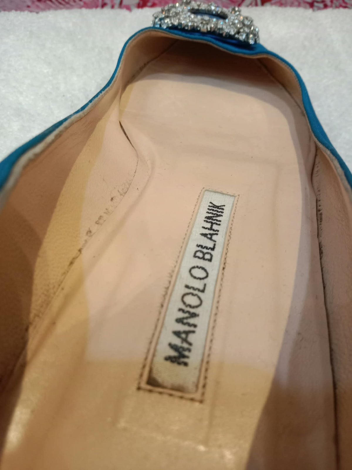 Manolo Blahnik Blue Satin Jewel Buckle Flat Pumps Size 37