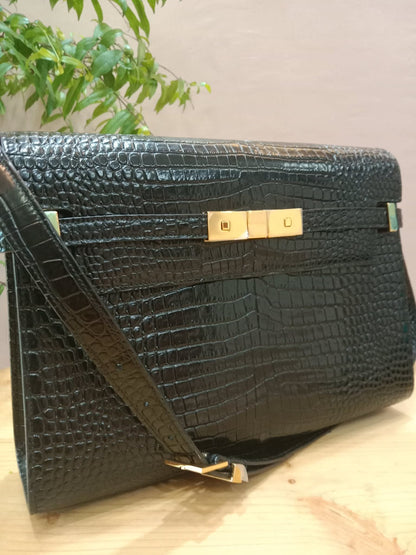 Saint Laurent Manhattan Crocodile Embossed Leather Black