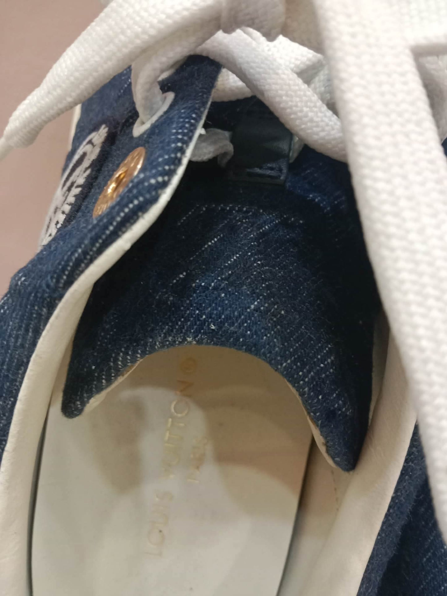 Louis Vuitton Time Out Sneakers Dark Blue Denim Monogram Embossed Pattern Size 37.5