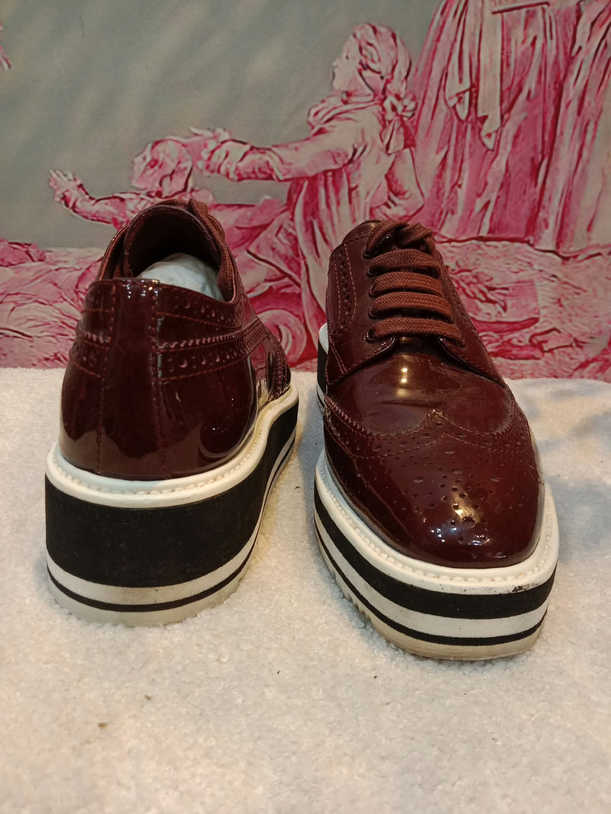 Prada Wingtip Brogue Derby Patent Platform Burgundy Size 37.5