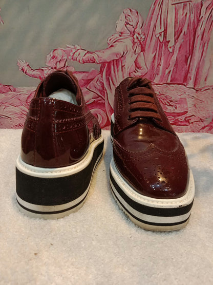Prada Wingtip Brogue Derby Patent Platform Burgundy Size 37.5