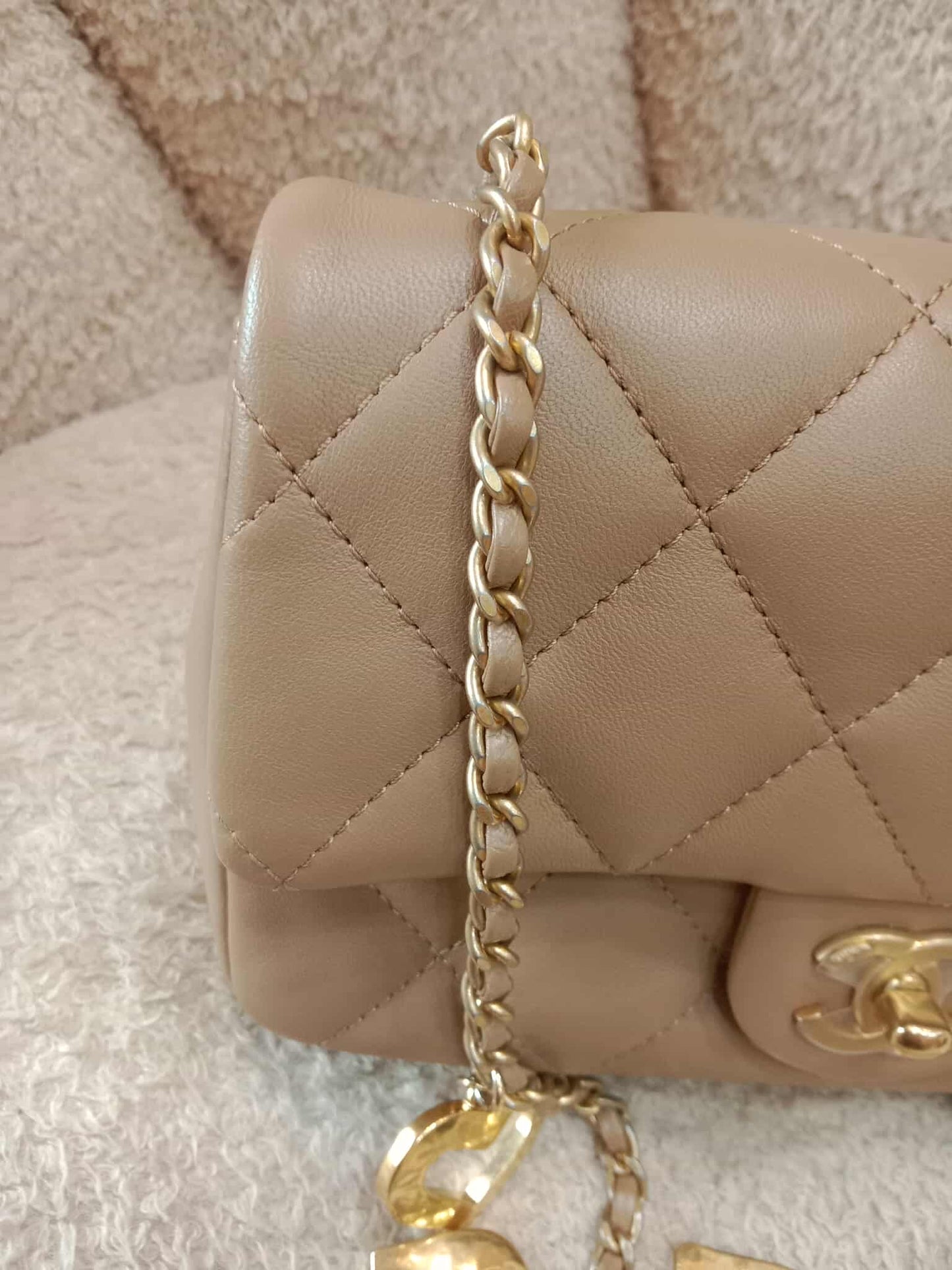 Chanel Seasonal Flap Heart Charms Beige Microchipped