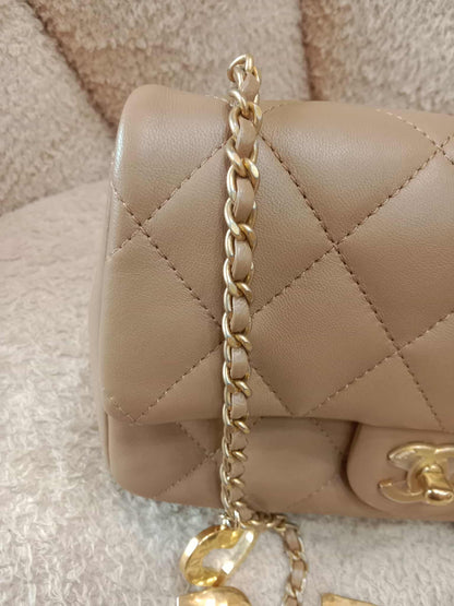 Chanel Seasonal Flap Heart Charms Beige Microchipped