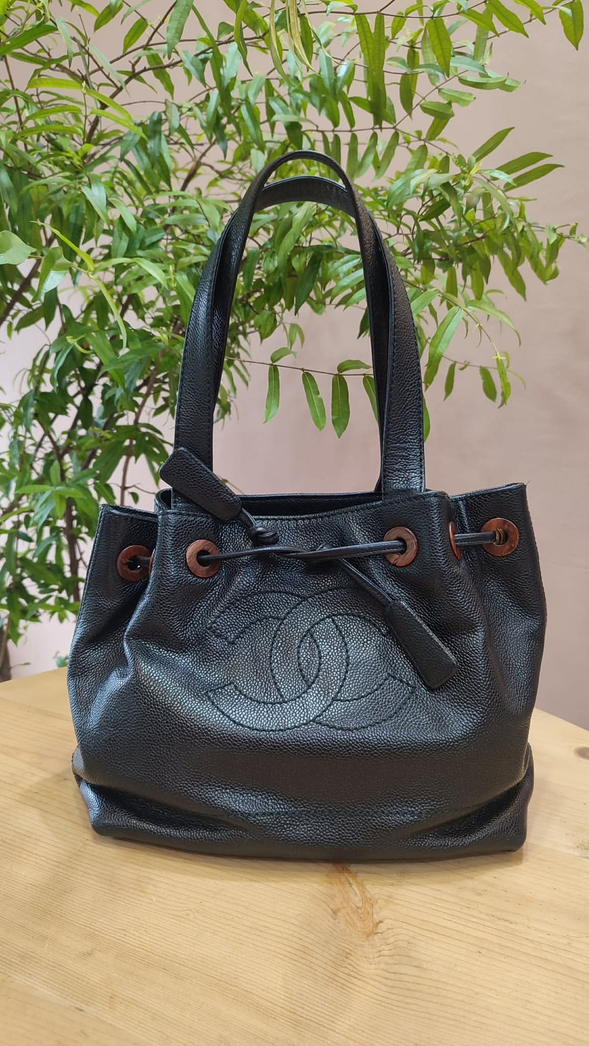 Chanel CC Caviar Drawstring Bucket Bag Black Series 7