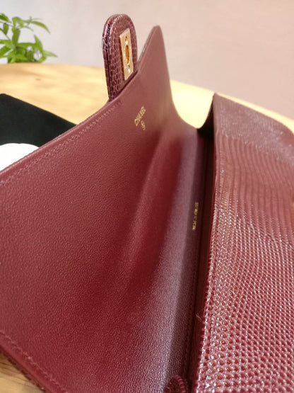 Chanel Tophandle Lizard Embossed Calfskin Clutch Dar Burgundy Microchipped