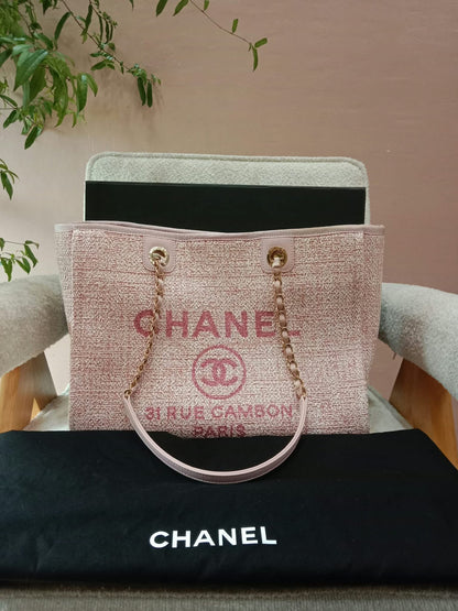 Chanel Deauville Tote Tweed Pink Microchipped