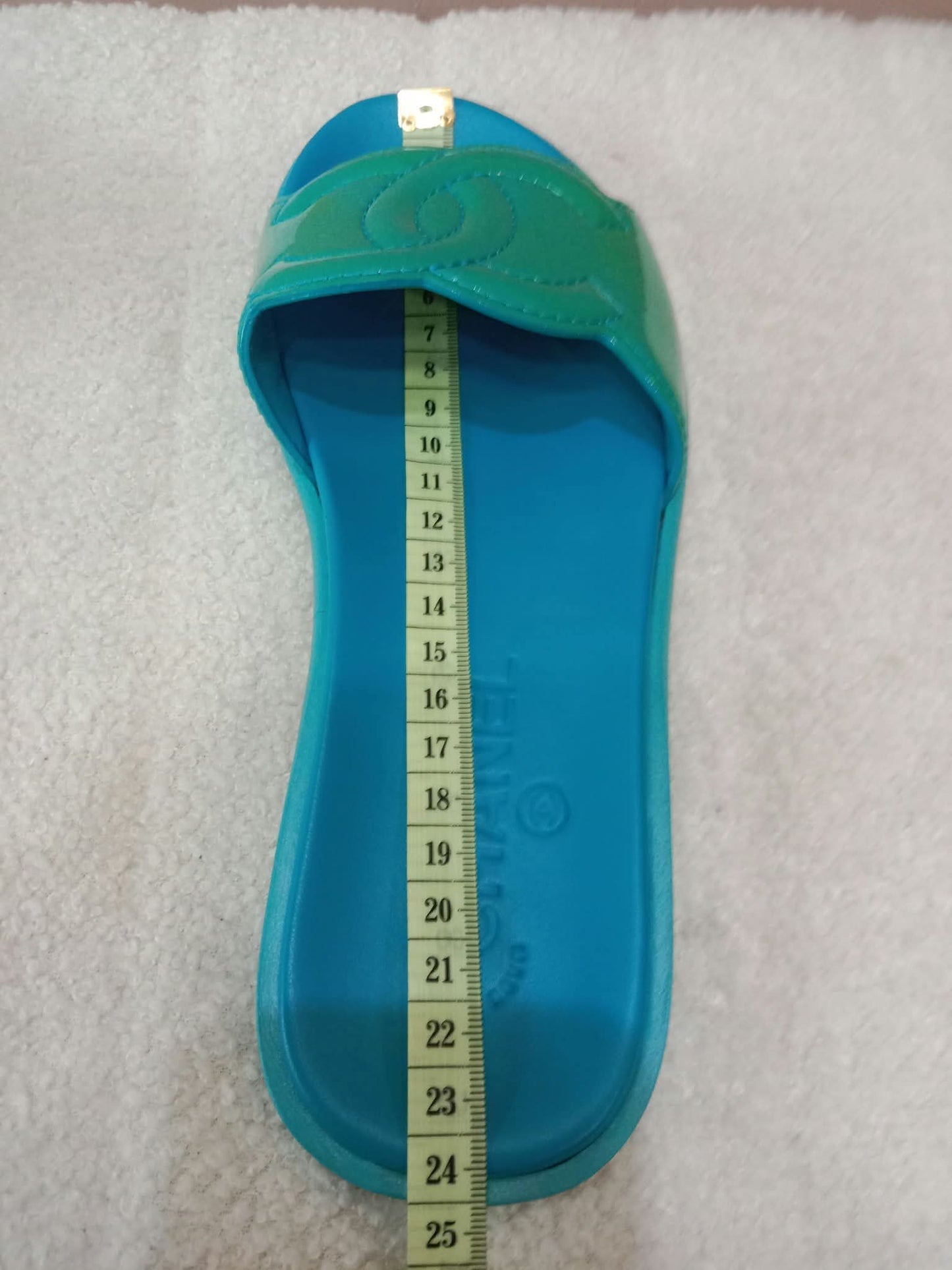Chanel Turquiose and Green Patent Leather CC Flat Slide Sandals Size 36