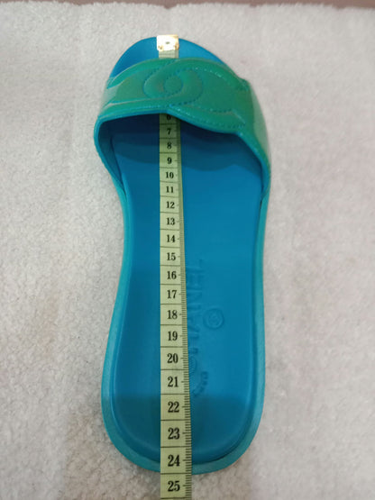 Chanel Turquiose and Green Patent Leather CC Flat Slide Sandals Size 36
