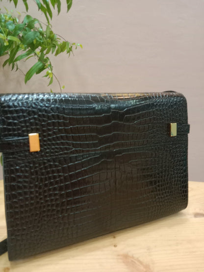 Saint Laurent Manhattan Crocodile Embossed Leather Black