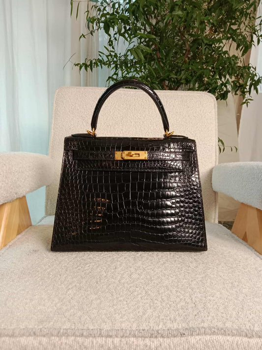 Hermes Kelly 28 Crocodile Noir Stamp S Circle 1989
