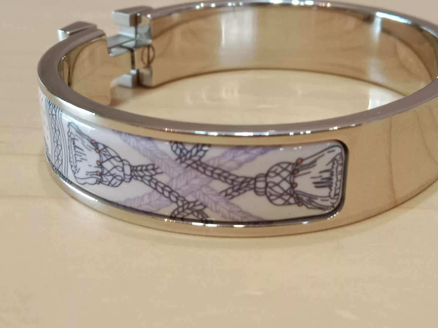 Hermes Clic H Bracelet in the "Grand Apparat Remix" Pattern White Enamel Printed Band Palladium-Plated Hardware GM Size