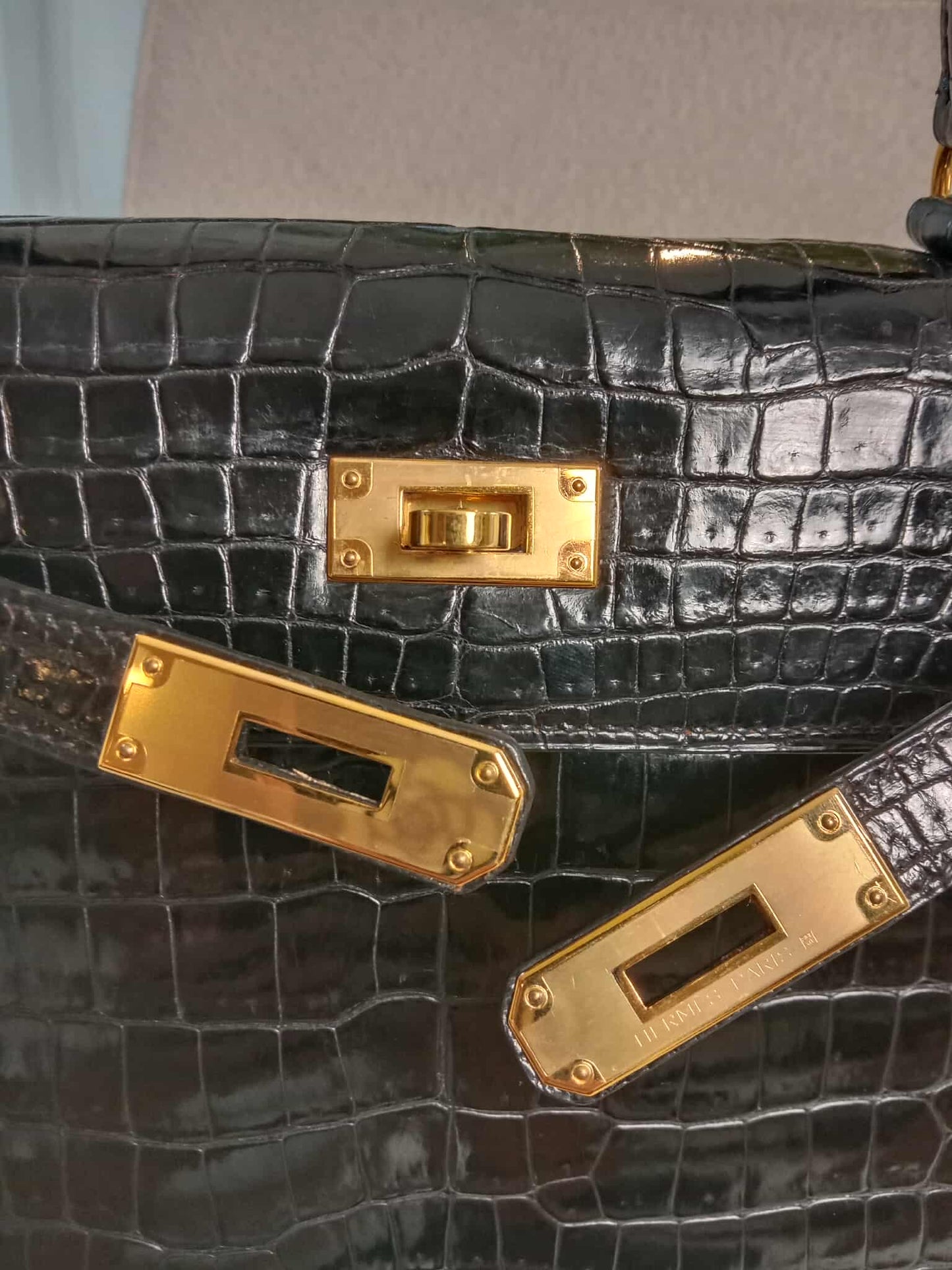Hermes Kelly 28 Crocodile Noir Stamp S Circle 1989