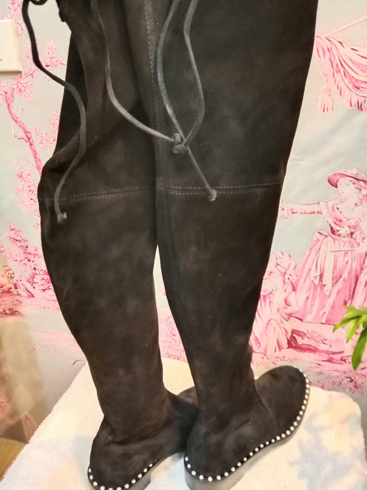 Stuart Weitzman Lowland Lift Pearl Over-the-Knee Boots Black Size 37 1//2