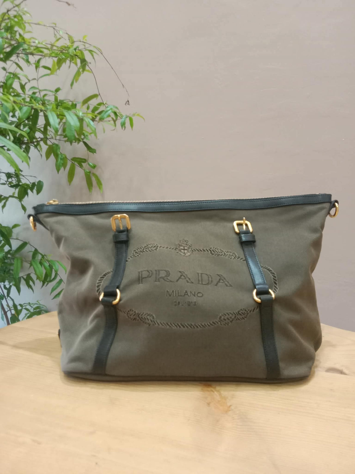 Prada Logo Jacquard Tote Corda Bruciato