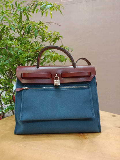 Hermes Herbag Zip 31 Bicolor Blue/Red Canvas & Leather Stamp X 2016