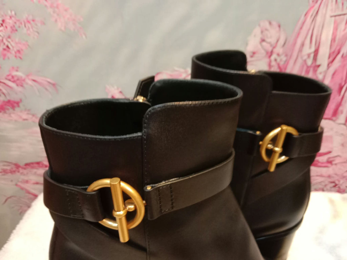 Hermes Jill 60 Ankle Boots Black Calfskin Aged Golden "Glenan" Nautical-Style Buckle Size 38.5
