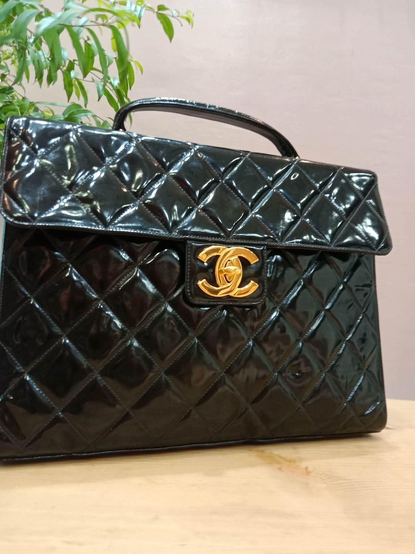 Chanel Vintage Briefcase Quilted Patent Black