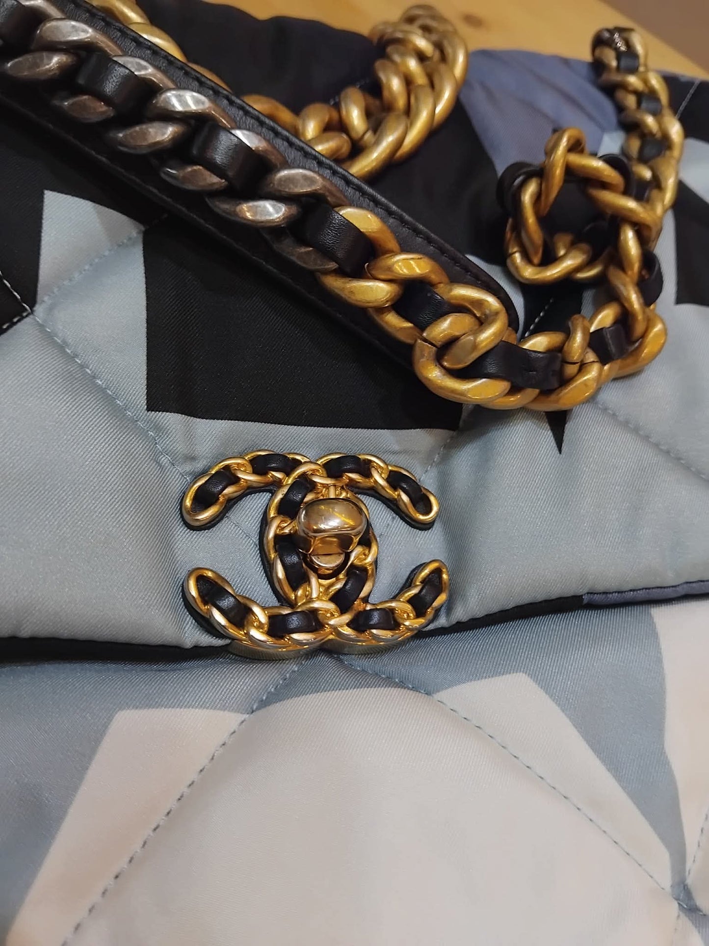 Chanel 19 Printed Silk Blue-Toned Quilted Maxi Flap Bag Series 30