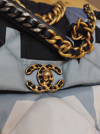 Chanel 19 Printed Silk Blue-Toned Quilted Maxi Flap Bag Series 30