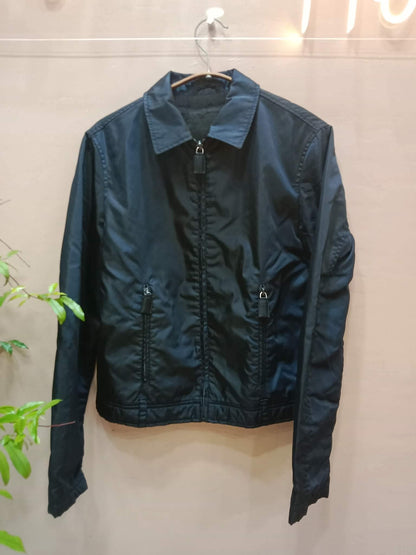 Prada Nylon Zip-Up Jacket Classic Shirt Collar and Zippered Front Pocket Black Medium
