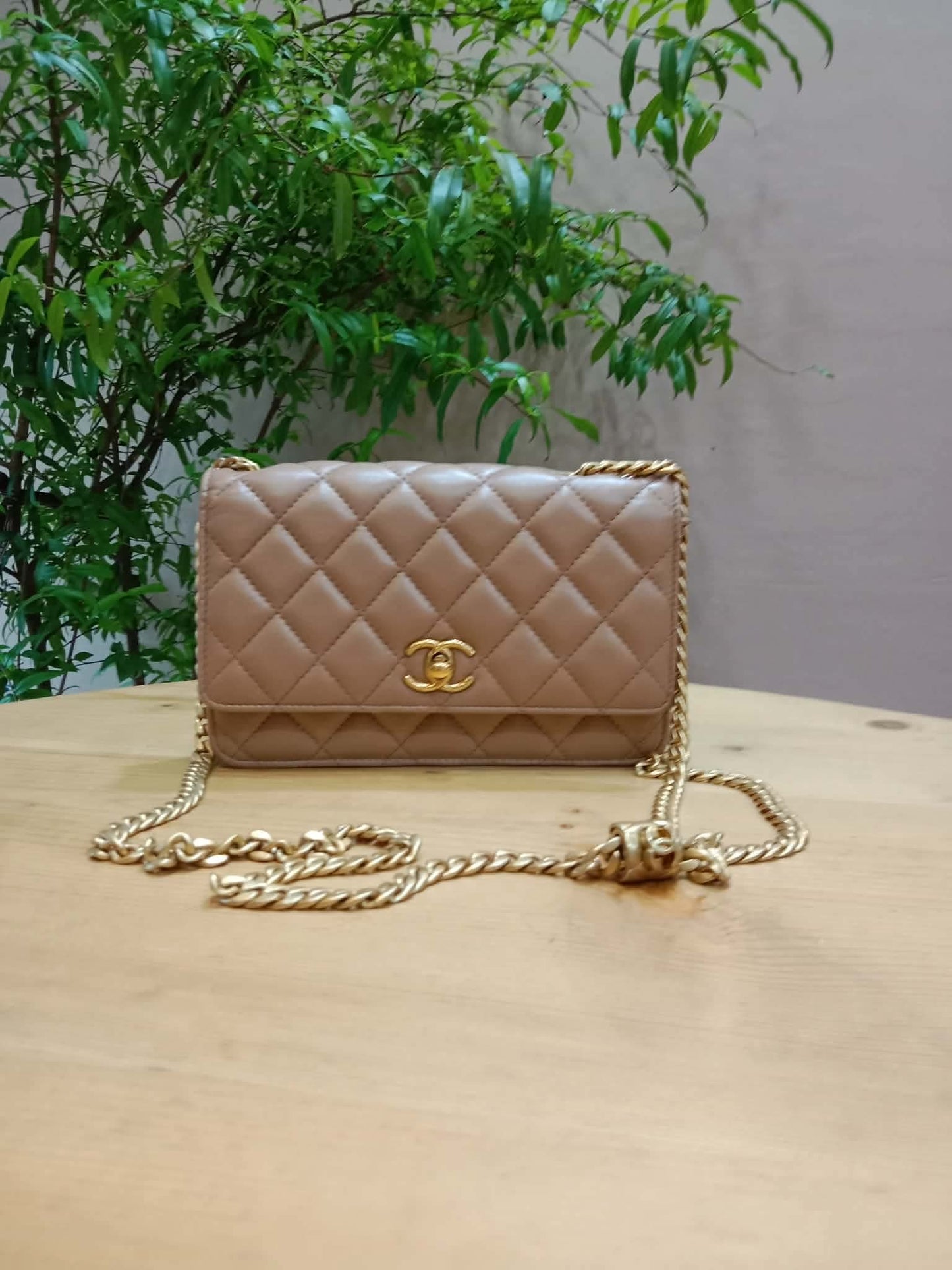 Chanel Quilted Wallet On Chain Lambskin Beige Microchipped