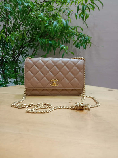 Chanel Quilted Wallet On Chain Lambskin Beige Microchipped