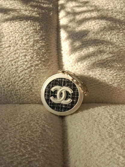 Chanel Tweed Quilted Round Filigree Pouch with Chain Black/White Microchipped