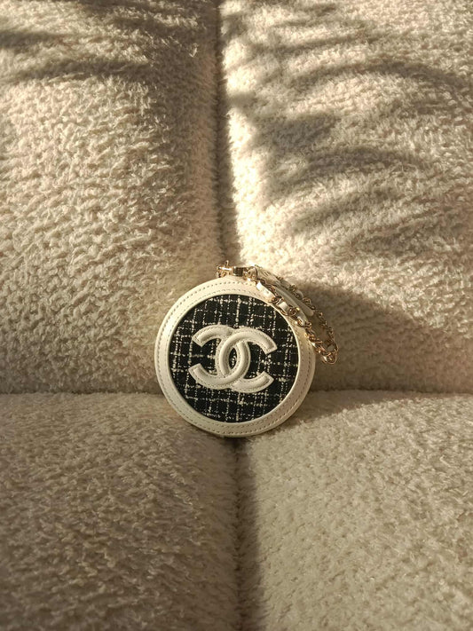 Chanel Tweed Quilted Round Filigree Pouch with Chain Black/White Microchipped