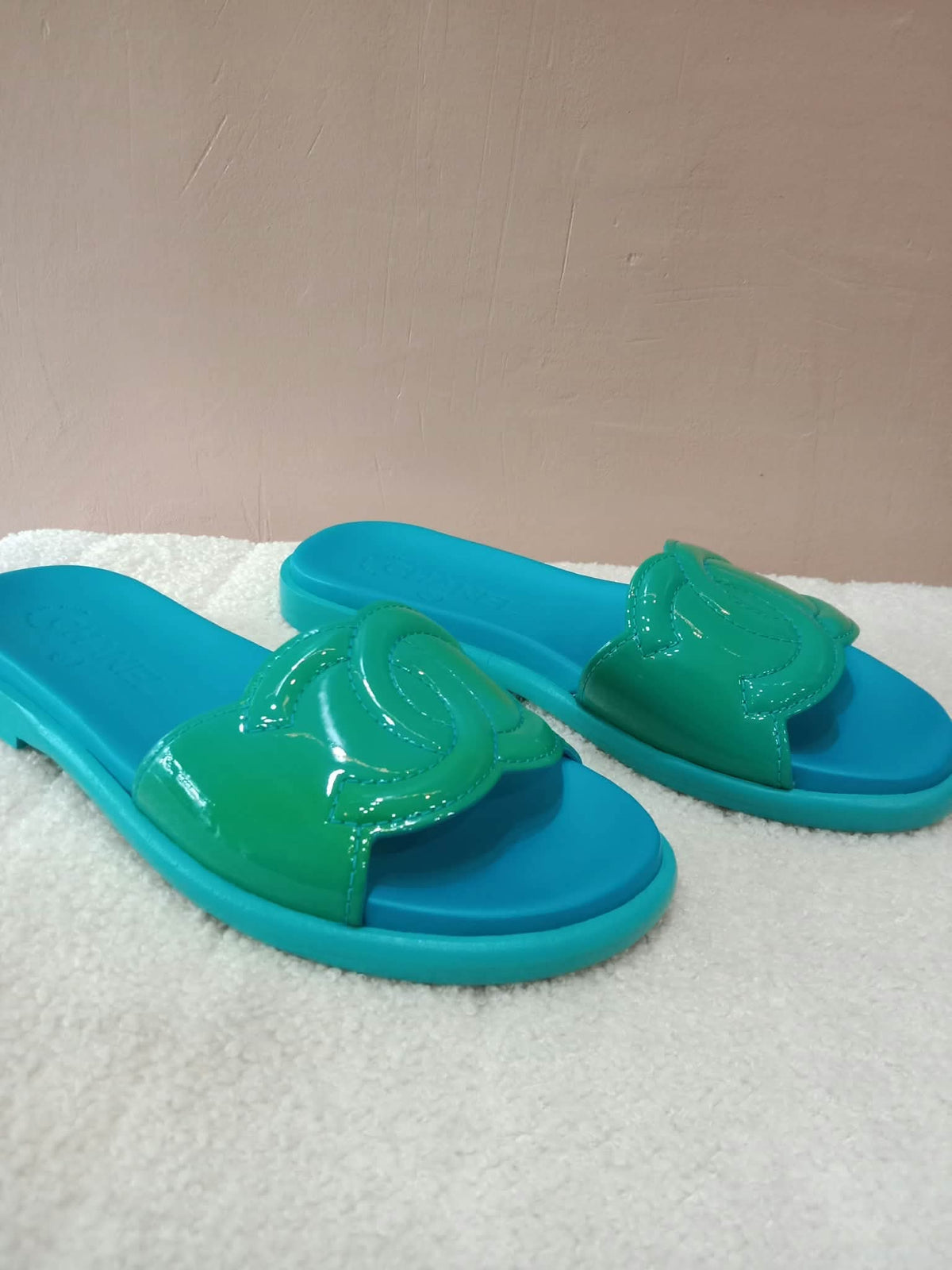 Chanel Turquiose and Green Patent Leather CC Flat Slide Sandals Size 36