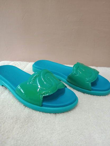Chanel Turquiose and Green Patent Leather CC Flat Slide Sandals Size 36