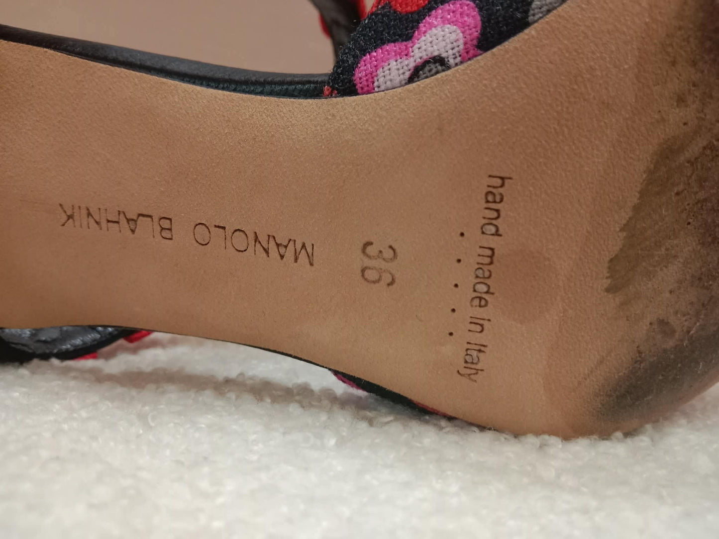 Manolo Blahnik Chamaca 70 Floral Print inen Mule Heels Size 36