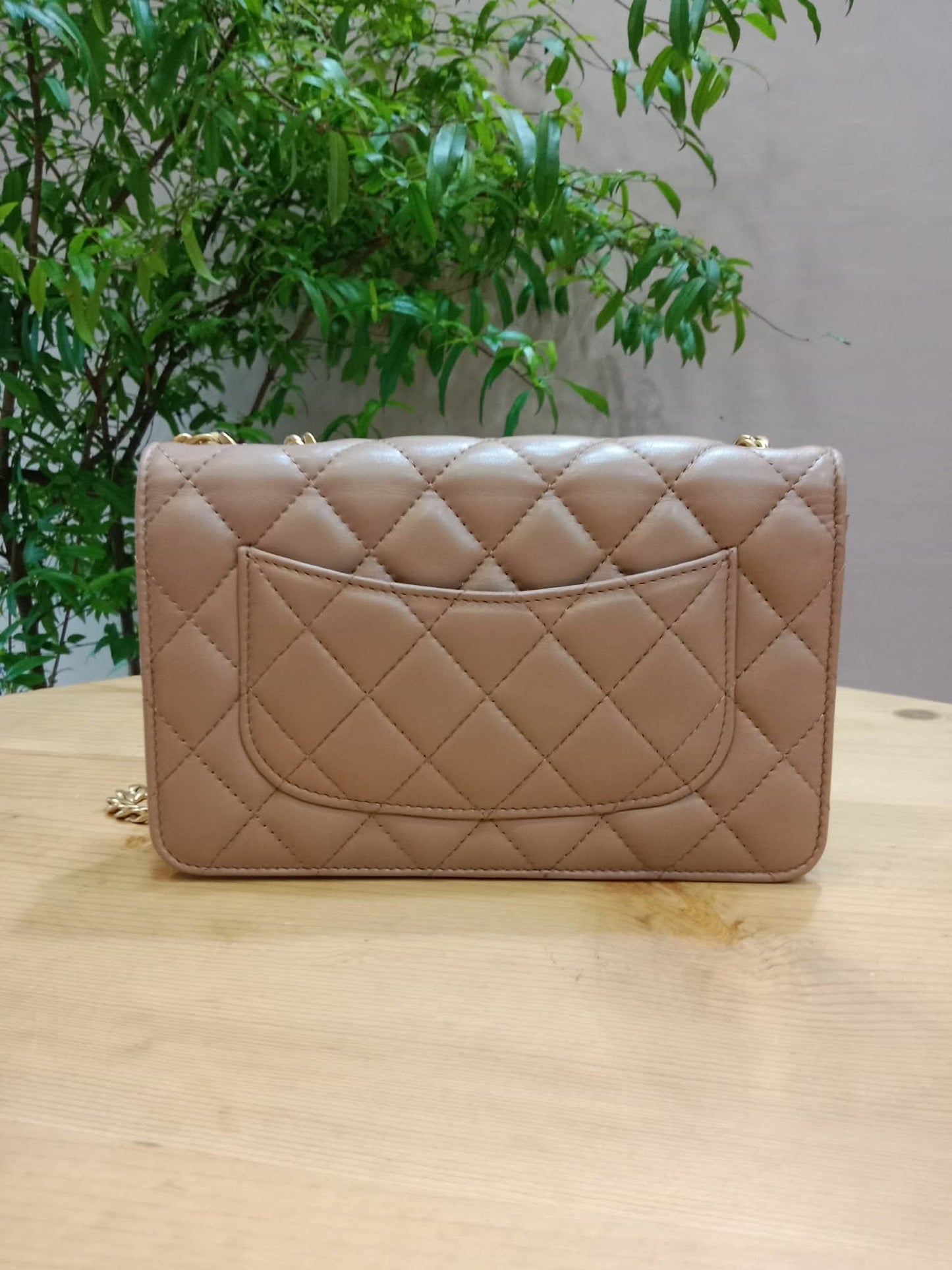 Chanel Quilted Wallet On Chain Lambskin Beige Microchipped