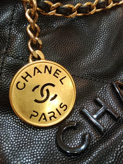 Chanel 22 Shiny Caviar Black Monochrome Mini Microchipped